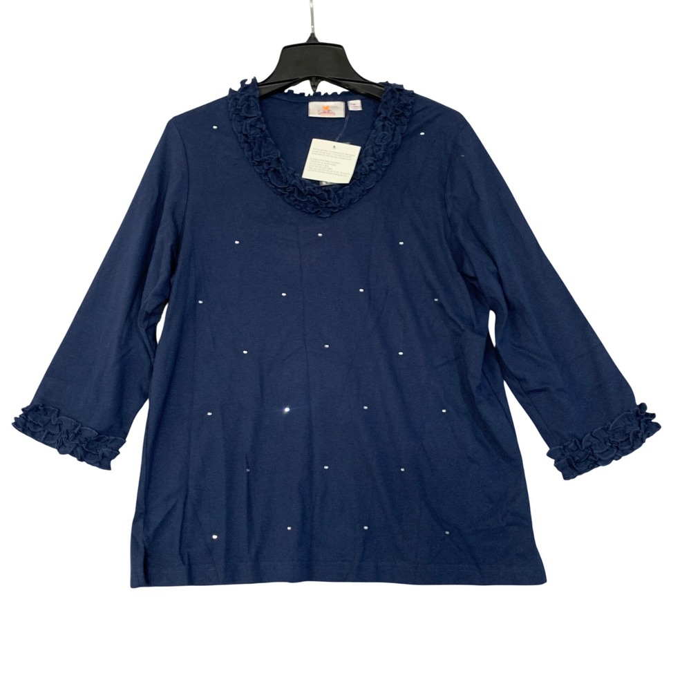 NWT Quacker Factory Women's M Navy Blue Ruffle Neck Rhinestone Top 100% Cotton
